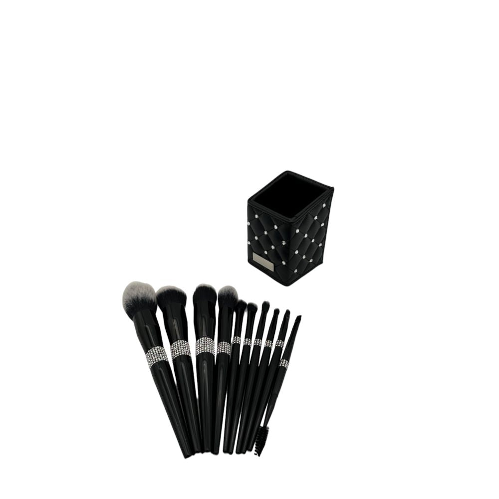 MAKEUP BRUSHES SET WITH GLAMOUROUS SQUARE CASE - 10 PCS SET - BLACK