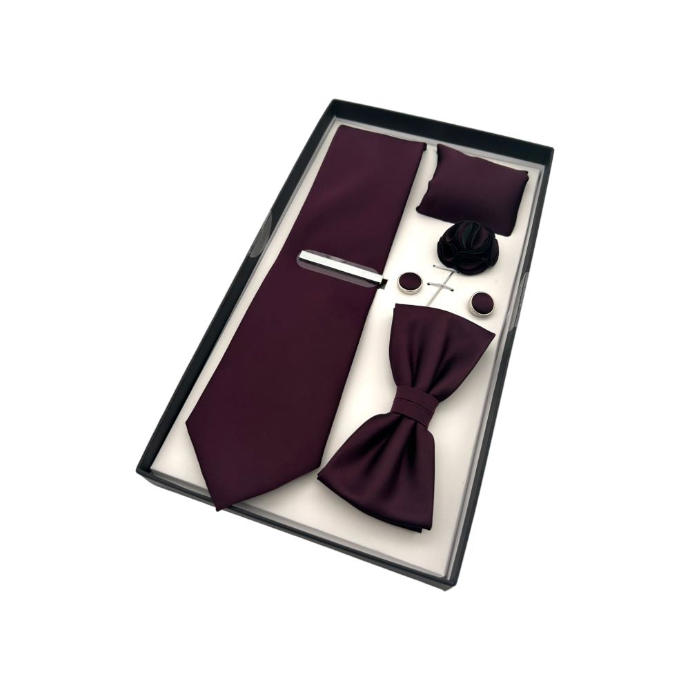TIE AND BOWTIE SET - 5 PCS SET - RICH BURGUNDY
