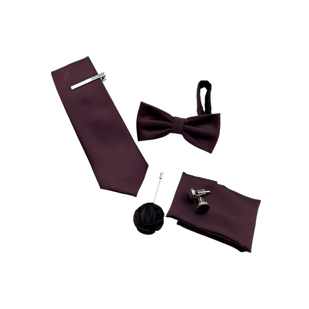 TIE AND BOWTIE SET - 5 PCS SET - RICH BURGUNDY