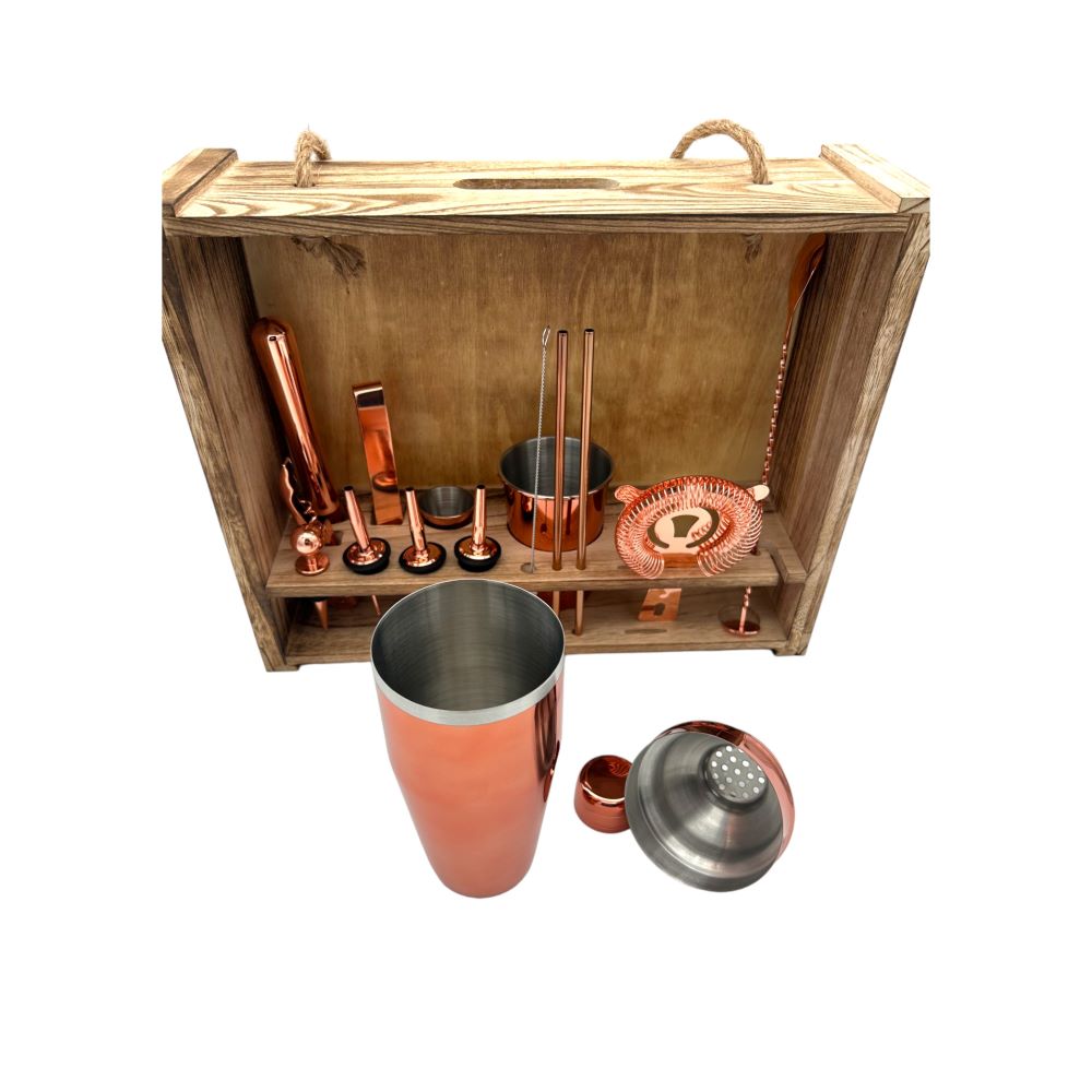 PROFESSIONAL BARTENDER COCKTAIL SHAKER SET IN A VINTAGE SUPPORT