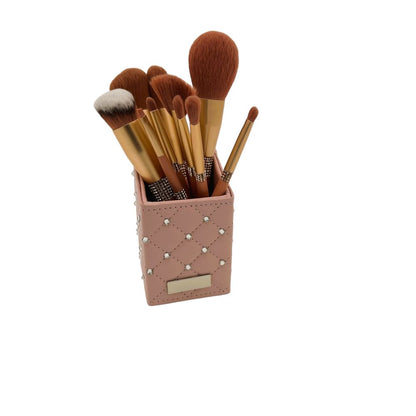 MAKEUP BRUSHES SET  WITH GLAMOUROUS SQUARE CASE  - 12 PCS SET - PINK/PEACH