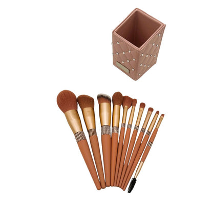 MAKEUP BRUSHES SET  WITH GLAMOUROUS SQUARE CASE  - 12 PCS SET - PINK/PEACH