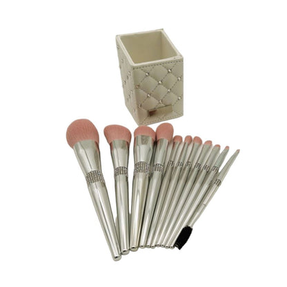 MAKEUP BRUSHES SET  WITH GLAMOUROUS SQUARE CASE  - 10 PCS SET - WHITE/SILVER