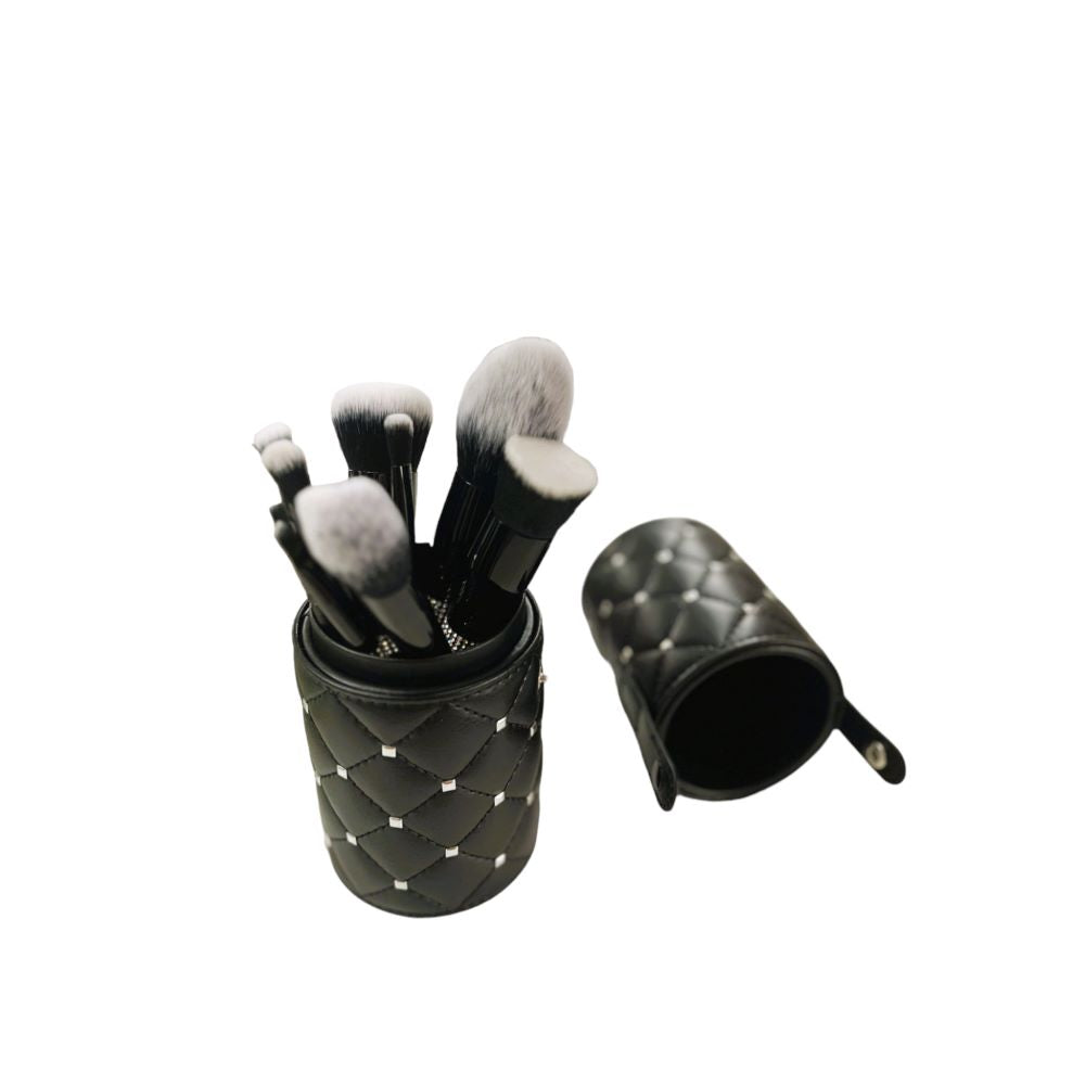 MAKEUP BRUSHES SET  - GLAMOUROUS CYLINDER CASE 12 PCS - BLACK