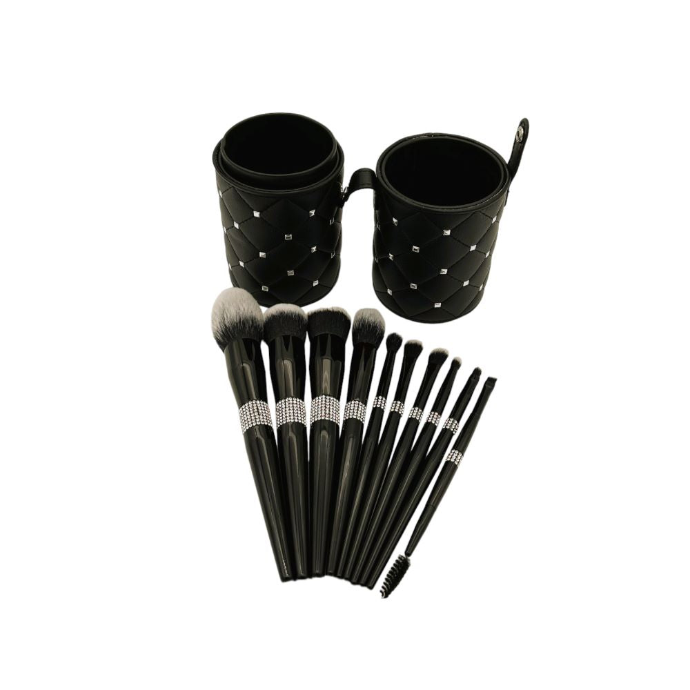 MAKEUP BRUSHES SET  - GLAMOUROUS CYLINDER CASE 12 PCS - BLACK