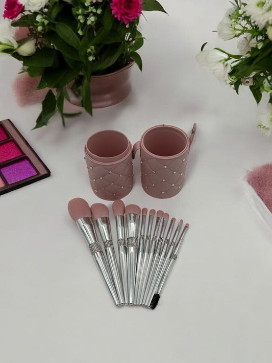 MAKEUP BRUSHES SET  - GLAMOUROUS CYLINDER CASE 12 PCS - PINK